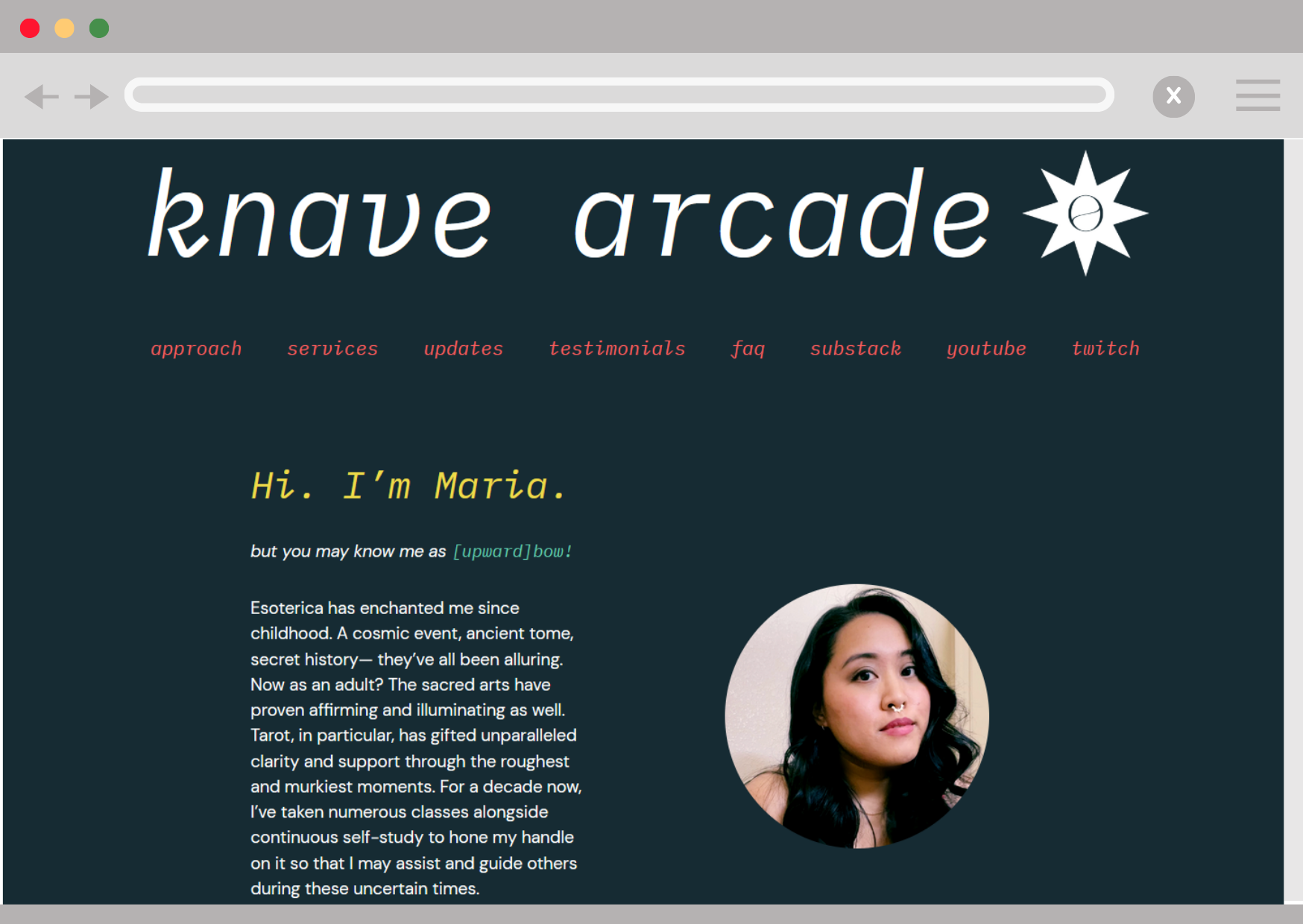 screenshot and browser mockup of knavearcade.com as of december 2023. dark green background, white body text, yellow heading, coral links. site title and eight-point star logo at top in white. author photo in center of page